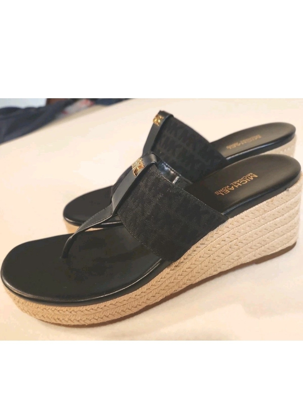 Michael Kors Black Leather Espadrille-Style Wedge Sandals Sz 8